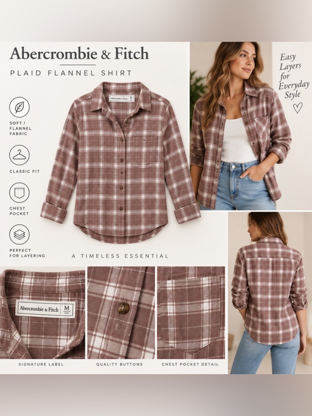 Abercrombie & Fitch Women’s Mauve Pink Plaid Button-Up Shirt Medium NWT